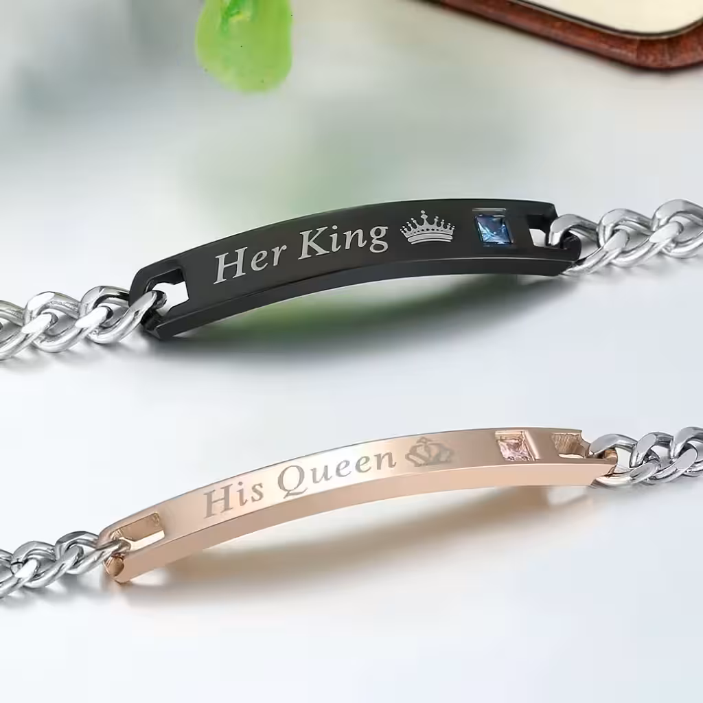 Set de 2 Pulseras para Pareja Her King & His Queen – Acero Inoxidable Grabable para Enamorados, Él y Ella