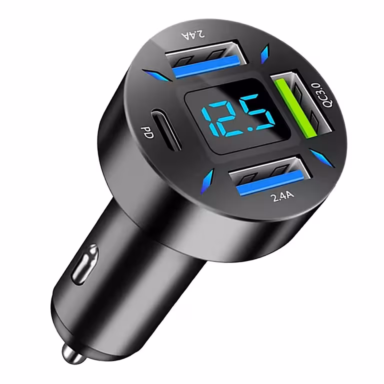Cargador de Auto con Voltímetro Digital, USB Tipo-C PD y Quick Charge 3.0 – Carga Rápida en Encendedor 12-24V