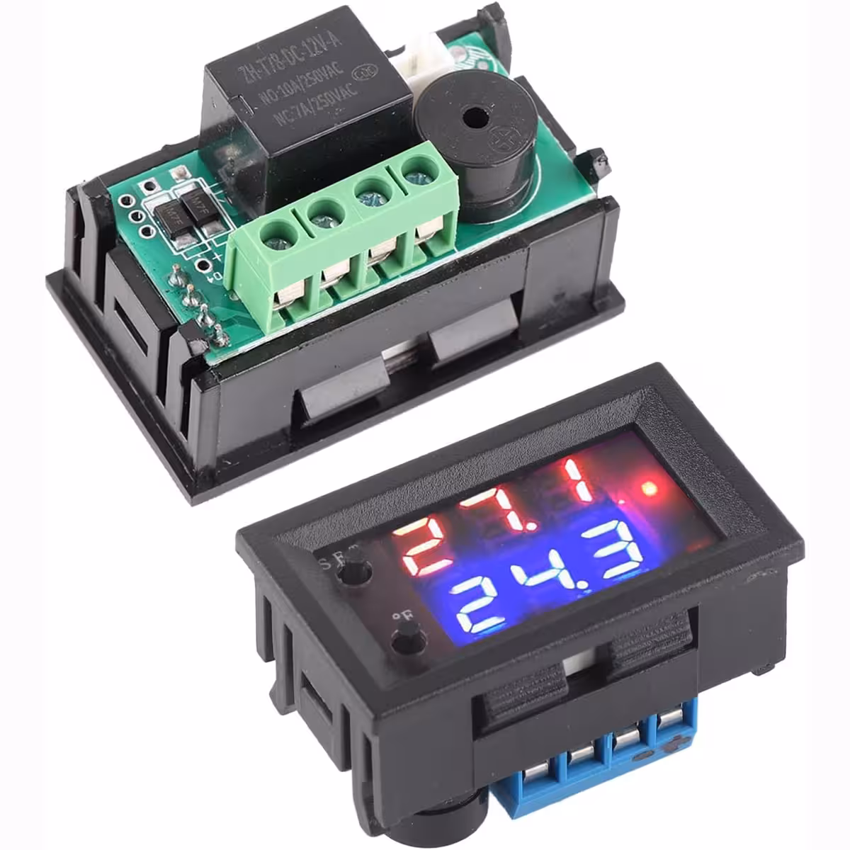 Μπροστινή και πίσω όψη θερμοστάτη με οθόνη και ακροδέκτες