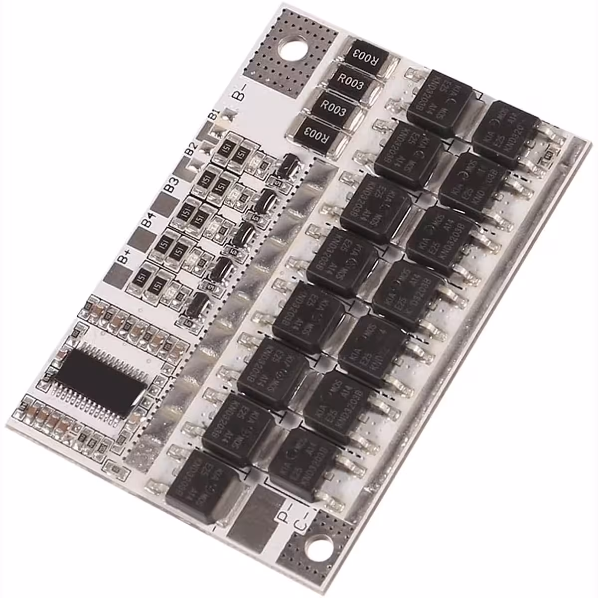 Λεπτομερής εικόνα της μπροστινής όψης της πλακέτας BMS 5S 100A, με εμφανή ηλεκτρονικά στοιχεία