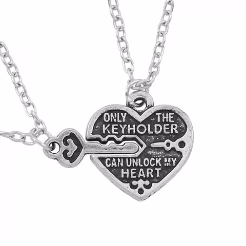 Colgante Collar Corazón y Llave – Set para Parejas y Mejores Amigos, Plateado