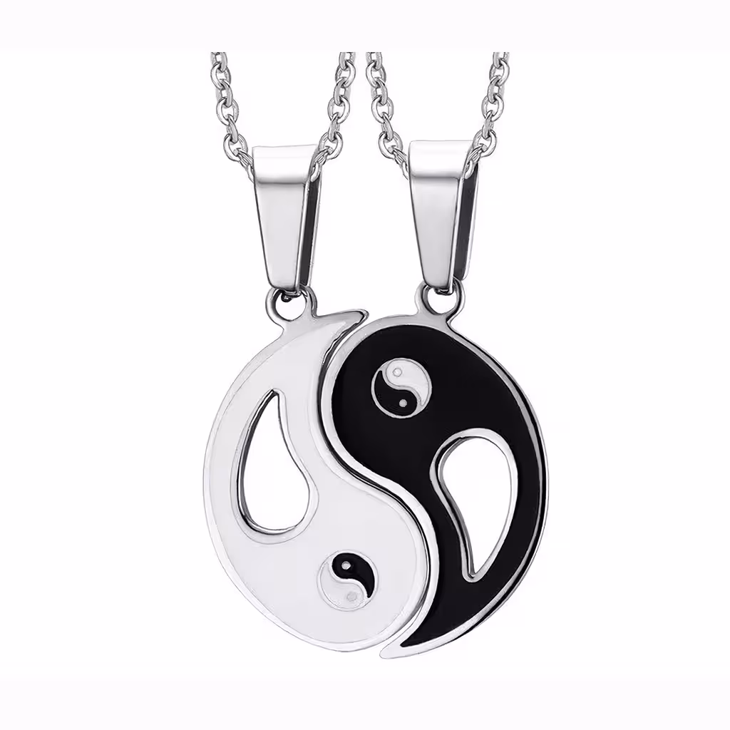 Cadena y Colgante Yin y Yang para Pareja – Set Medallón Dos Mitades, Símbolo de Equilibrio y Amor