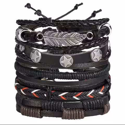 Set de 5 Pulseras para Hombres de Piel Natural – Hechas a Mano, Ajustables, Elegantes, Modelos Nuevos Luxury