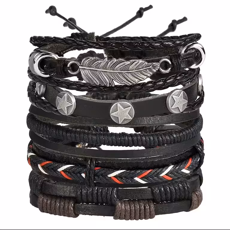 Set de 5 Pulseras para Hombres de Piel Natural – Hechas a Mano, Ajustables, Elegantes, Modelos Nuevos Luxury