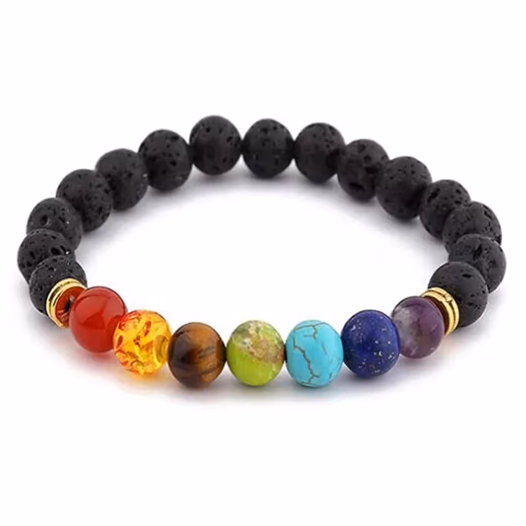 Pulsera de Roca Volcánica Natural con 7 Chakras – Ágata, Amatista, Ámbar, Lapislázuli, Ojo de Tigre