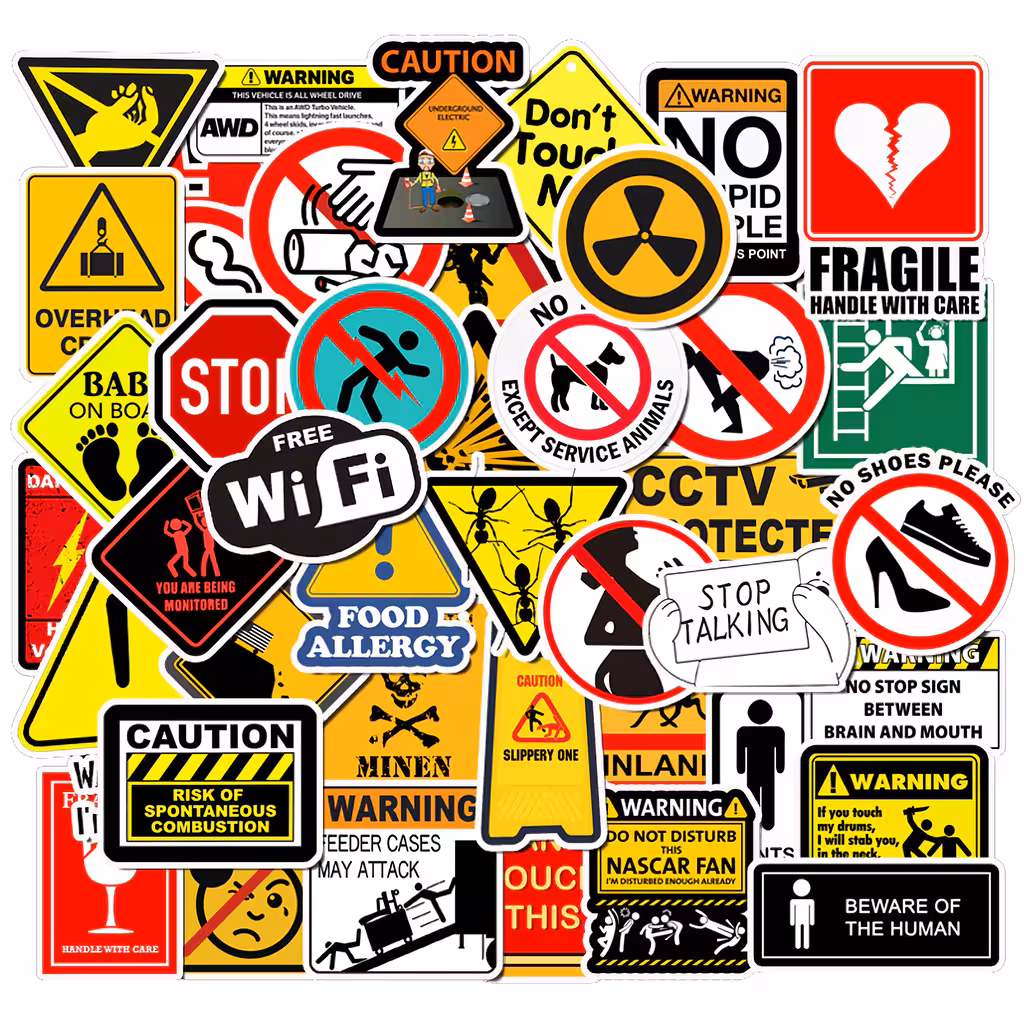 Stickers de advertencia divertidos para auto, moto, laptop, skateboard – set 50 piezas resistentes e impermeables