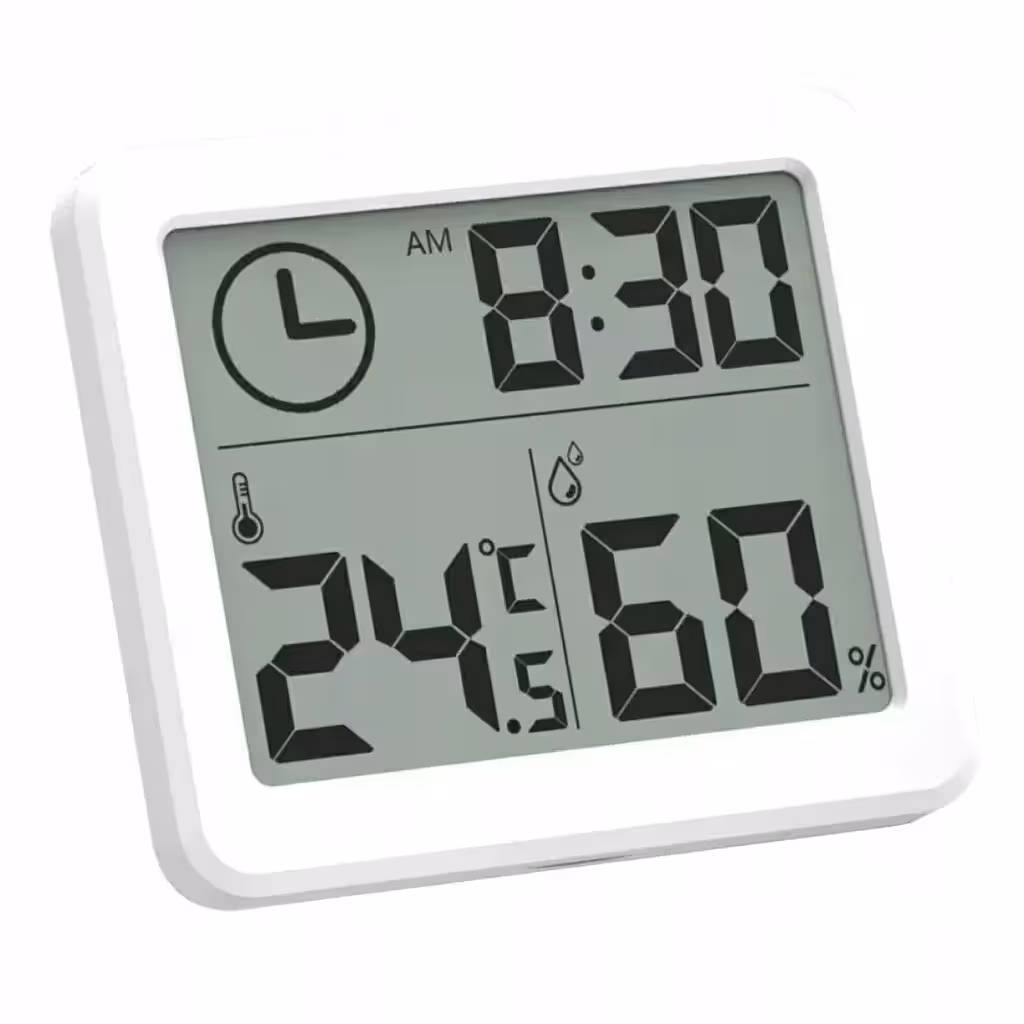 Higrómetro y Termómetro Digital de Habitación con Reloj y Pantalla LCD Grande – Mide Temperatura y Humedad con Precisión