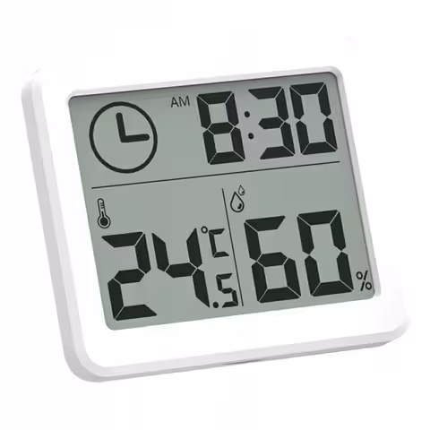 Higrómetro digital blanco y delgado con sensor de temperatura