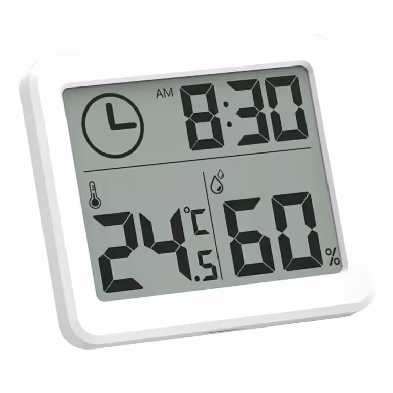 Higrómetro digital blanco y delgado con sensor de temperatura