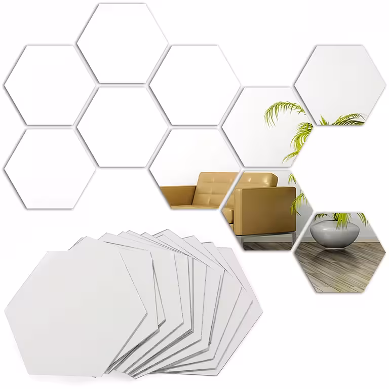 Set Espejos Hexagonales Adhesivos Decorativos – Espejo Acrílico para Pared, Forma Hexagonal, Diseño Moderno