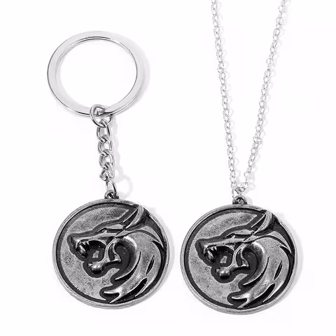 Set Cadena y Llavero The Witcher – Medallón Cabeza de Lobo Plateado Antiguo, Regalo Fan The Witcher