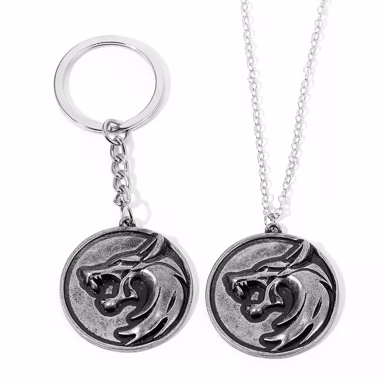 Set Cadena y Llavero The Witcher – Medallón Cabeza de Lobo Plateado Antiguo, Regalo Fan The Witcher