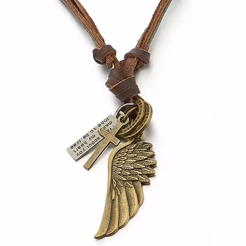 Cadena de Piel con Colgante Ala de Ángel y Cruz para Hombres – Longitud Ajustable 40-80 cm