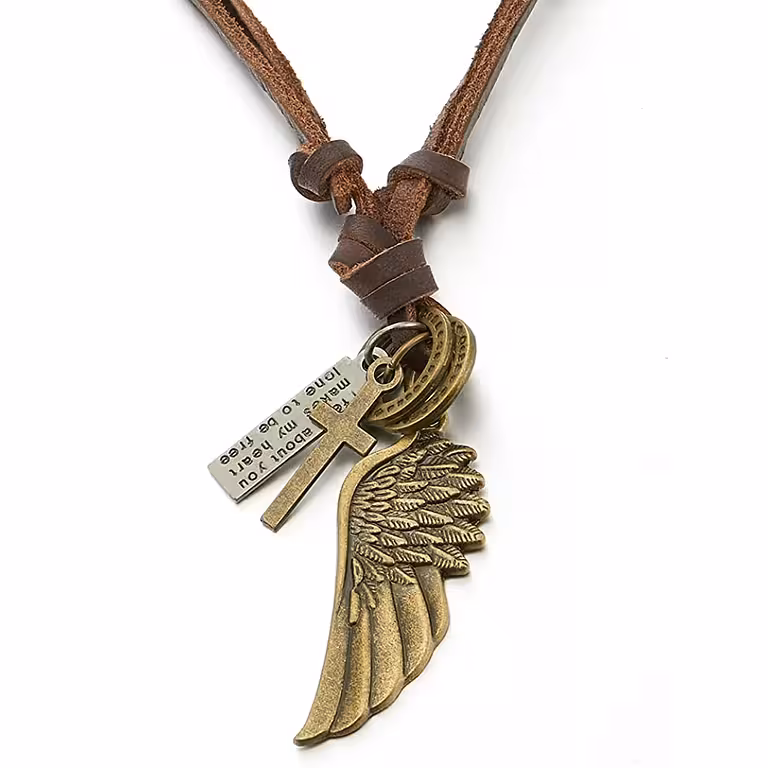 Cadena de Piel con Colgante Ala de Ángel y Cruz para Hombres – Longitud Ajustable 40-80 cm