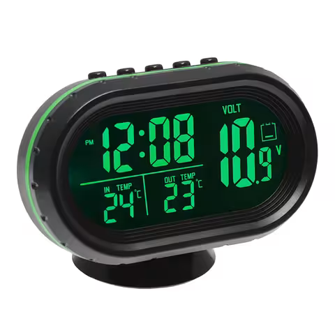 Reloj Auto con Voltímetro y Termómetro Digital – Interior/Exterior, con Sonda, 12V/24V