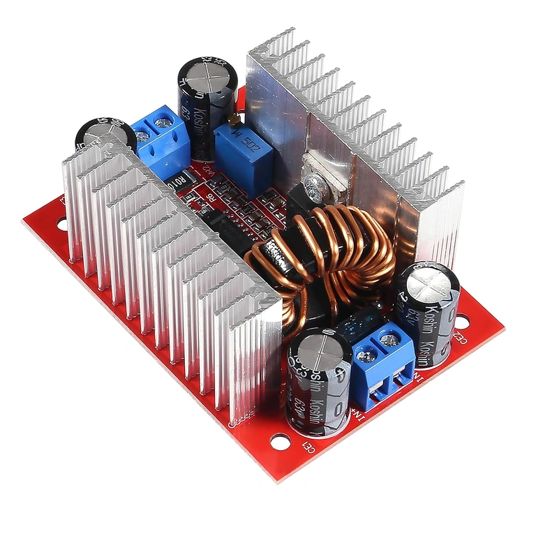 Μονάδα Step-up Boost DC 400W – άνω όψη με τάση εισόδου (DC 8.5V-50V) Άνωθεν όψη της μονάδας Step-up Boost DC 400W, με λεπτομέρειες για την είσοδο τάσης (DC 8.5V-50V)