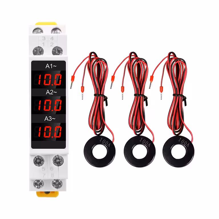 Amperímetro Digital Trifásico para Panel Eléctrico – Medición de Corriente 1-100A, Montaje en Riel DIN
