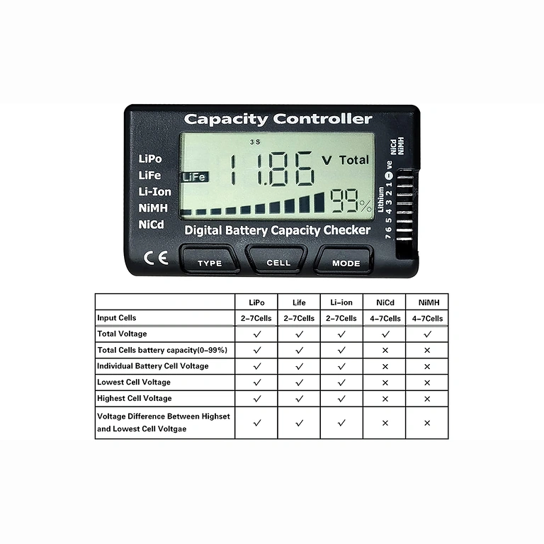 Tester digital 2-7S Li-Ion, LiPo, LiFe con alta precisión