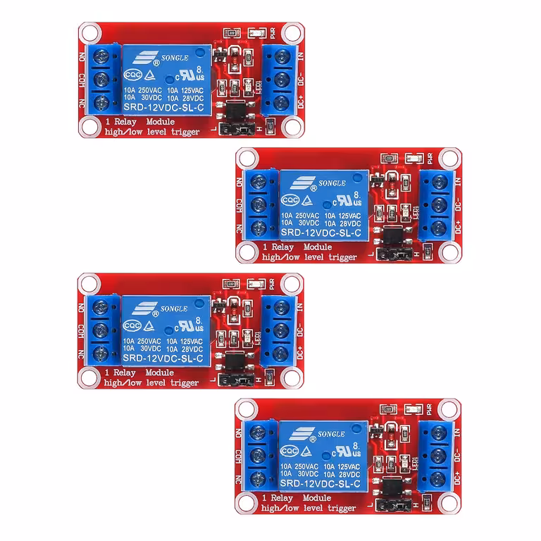 Set de 4 Unidades: Relé de Control 5V / 12V con Optoacoplador – Módulo 1 Canal, NC/NO, Trigger Alto/Bajo, 10A