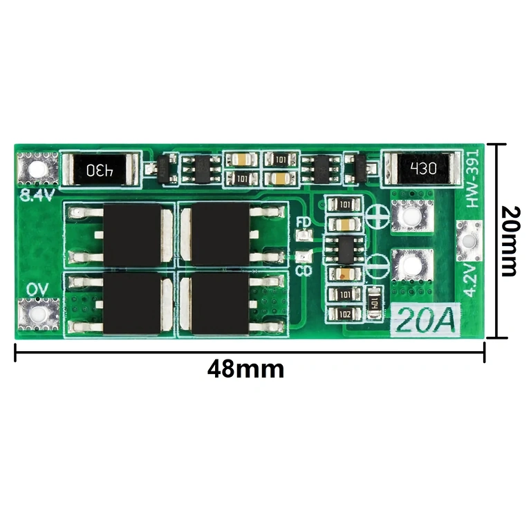 Imagen con dimensiones exactas del módulo BMS 2S 20A 7.4V, útil para verificar compatibilidad en proyectos