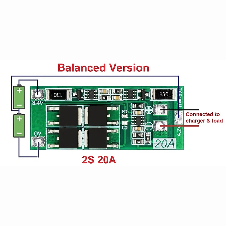 Esquema detallado de conexión para módulo BMS 2S 20A 7.4V con balanceo, mostrando conexiones de baterías y salidas