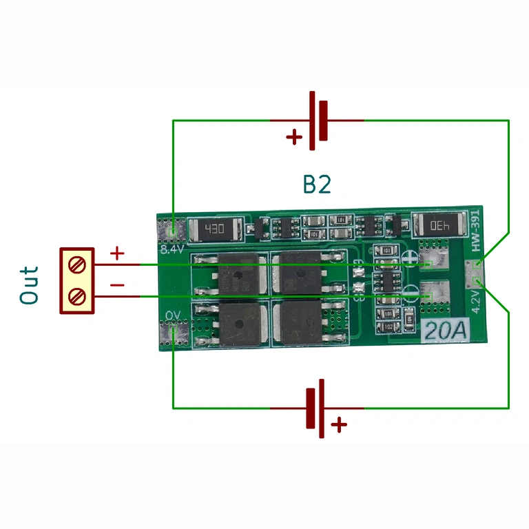 Diagrama eléctrico para módulo BMS 2S 20A con balanceo, útil para correcta instalación en packs Li-ion