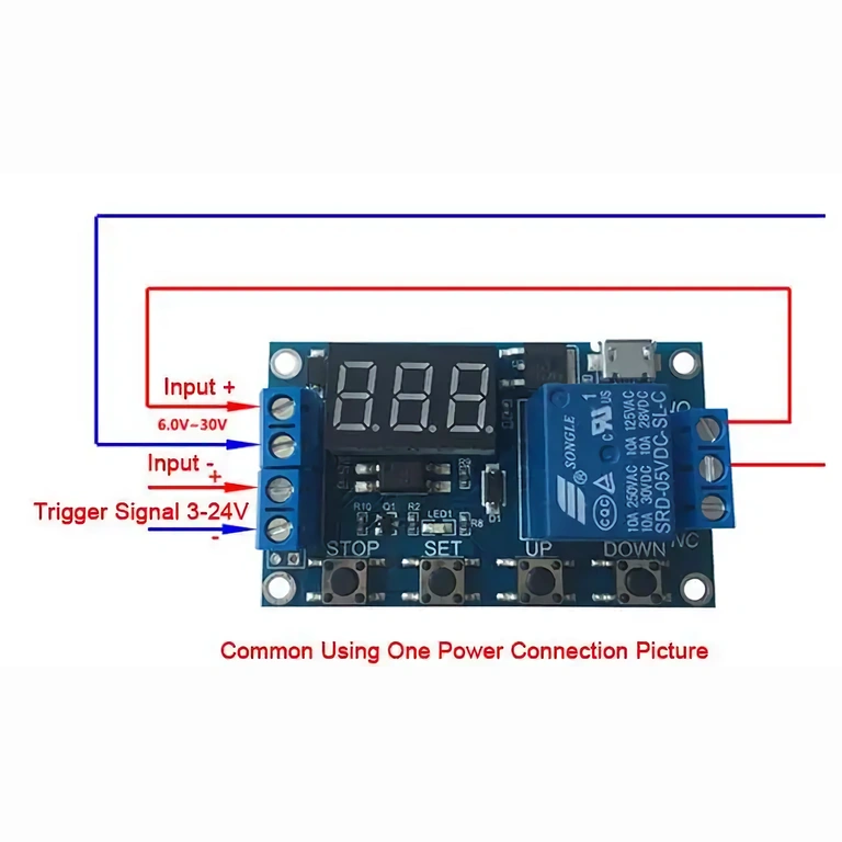 Diagrama eléctrico de entradas y salidas para módulo relé retardo 6–30V