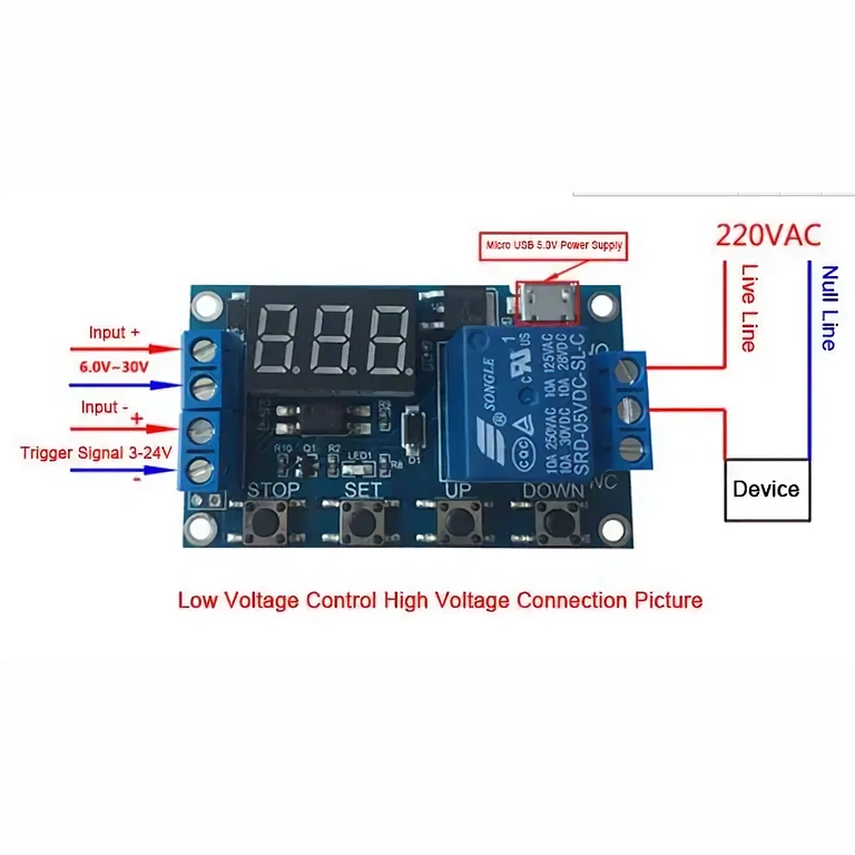 Instrucciones visuales de conexiones módulo relé 6–30V con temporizador ajustable