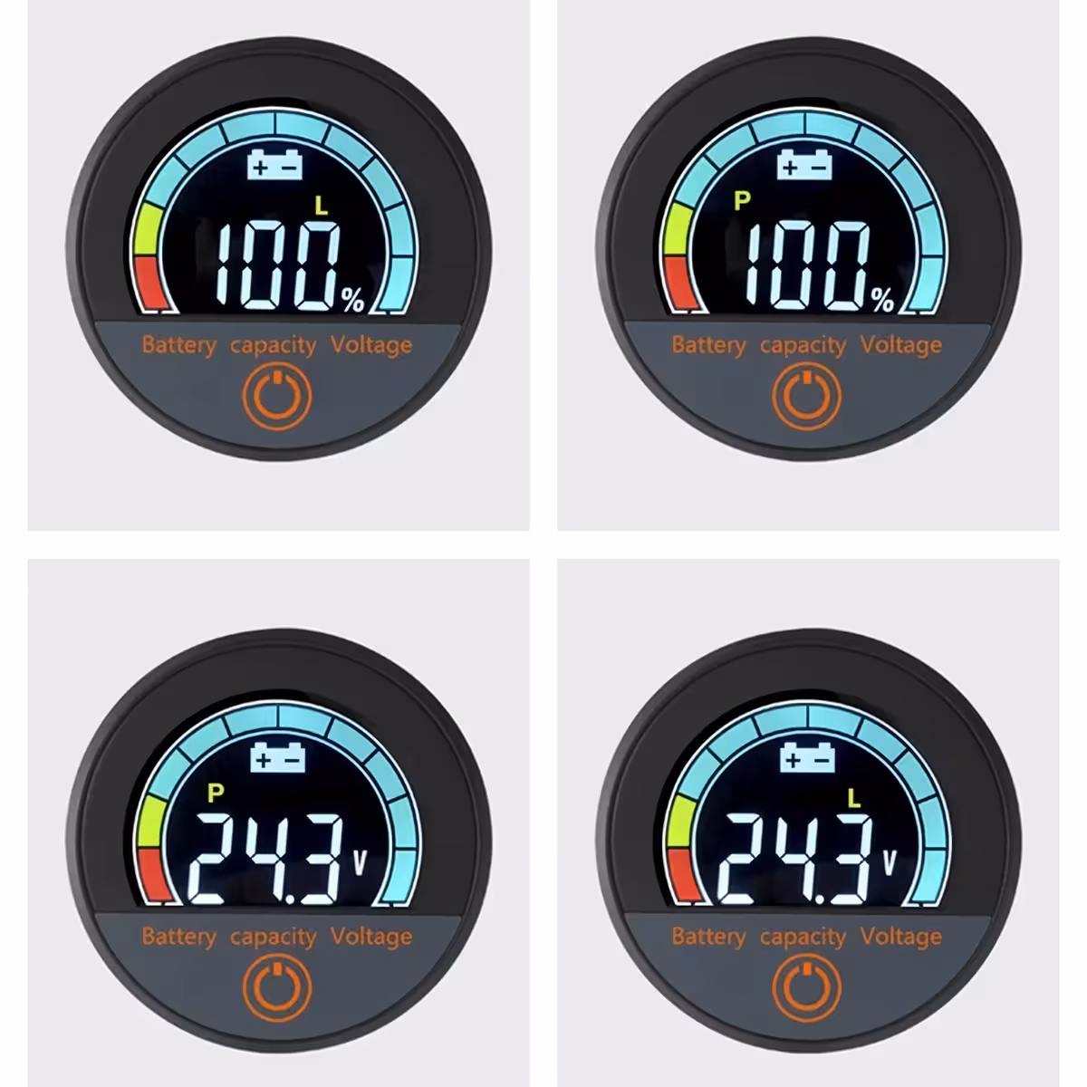 Primer plano de la pantalla LCD a color del indicador digital, mostrando tensión y porcentaje de batería, Li-ion y LiFePO4 12V–72V