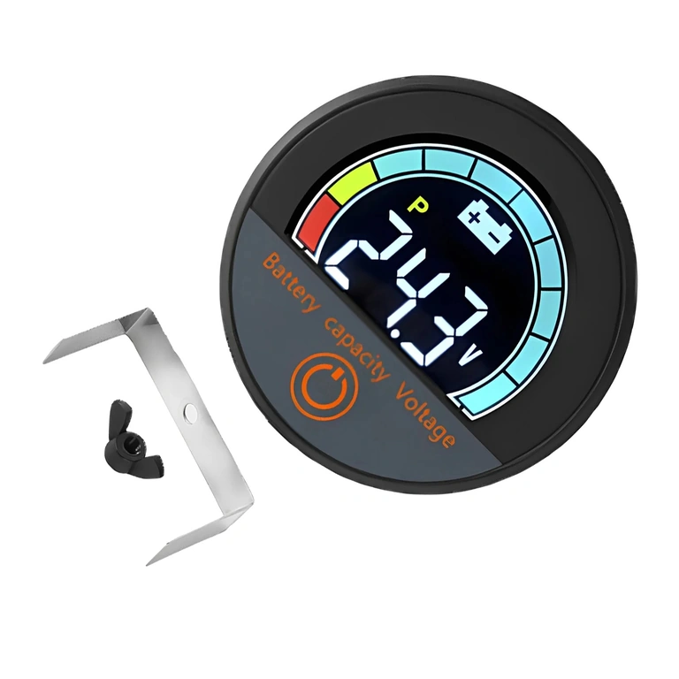 Indicador digital – vista frontal Vista frontal del módulo digital con pantalla de porcentaje de batería y voltímetro, Li-ion y LiFePO4, 12V–72V, para bicicleta, patinete y scooter eléctrico