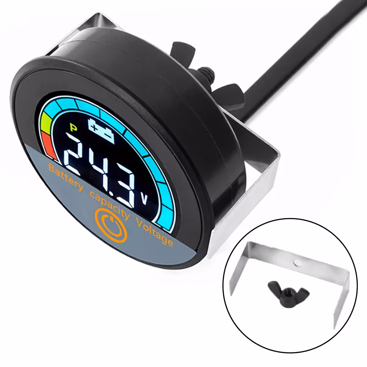 Vista lateral del módulo digital con pantalla de porcentaje de batería y voltímetro, compatible con baterías Li-ion y LiFePO4 para bicicleta, patinete y scooter eléctrico