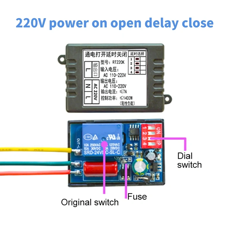 Esquema de montaje del módulo relé de tiempo mecánico/analógico – conexiones y cableado