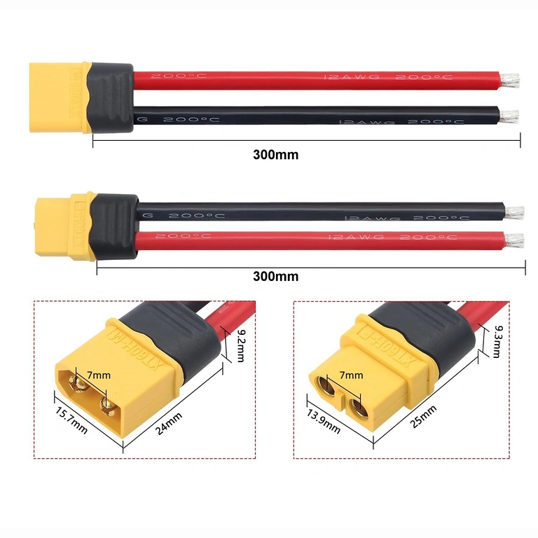 Esquema con dimensiones del conector XT60 hembra y macho