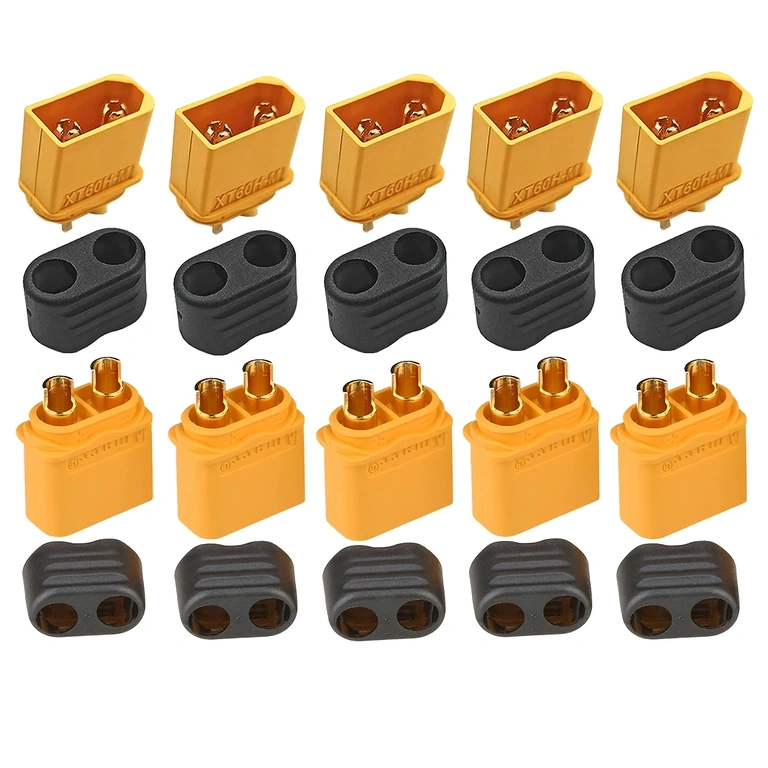 Vista superior del set de 5 conectores XT60H, mostrando los contactos dorados